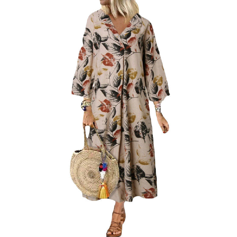 Casual Floral Print Cotton and Linen Maxi Dress