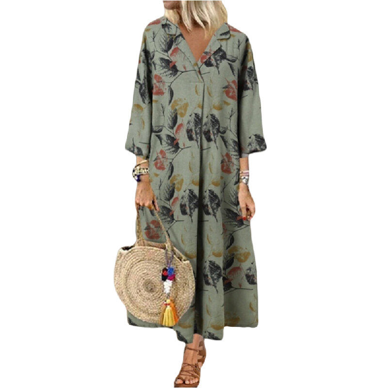 Casual Floral Print Cotton and Linen Maxi Dress