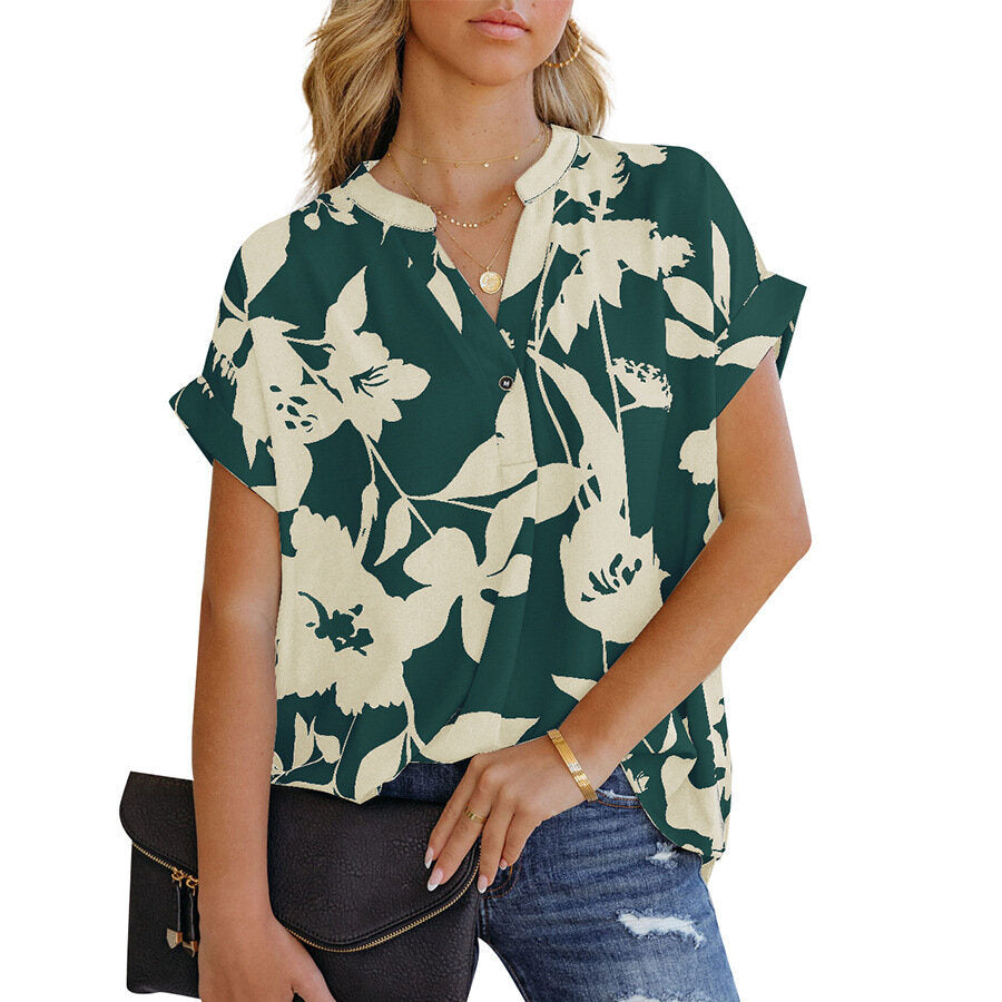 Loose Printed Short Sleeve Button Chiffon Shirt