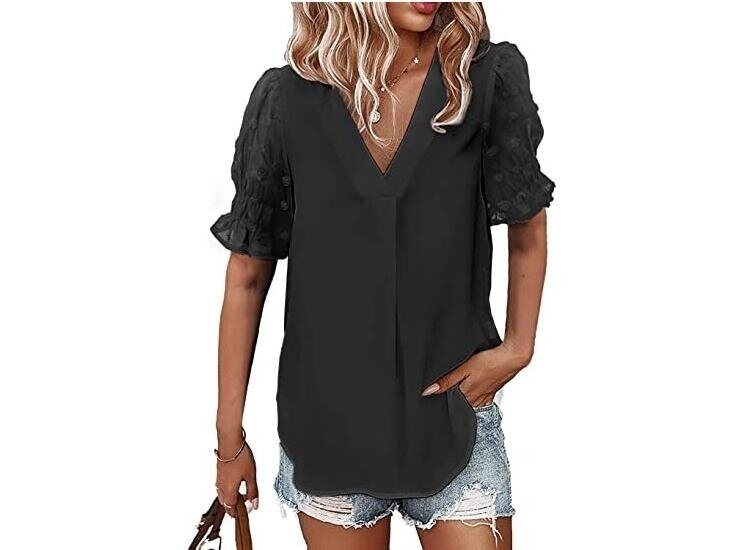 V-Neck Chiffon Shirt Panel Short Sleeve Blouses Top