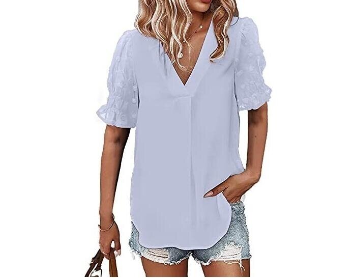 V-Neck Chiffon Shirt Panel Short Sleeve Blouses Top