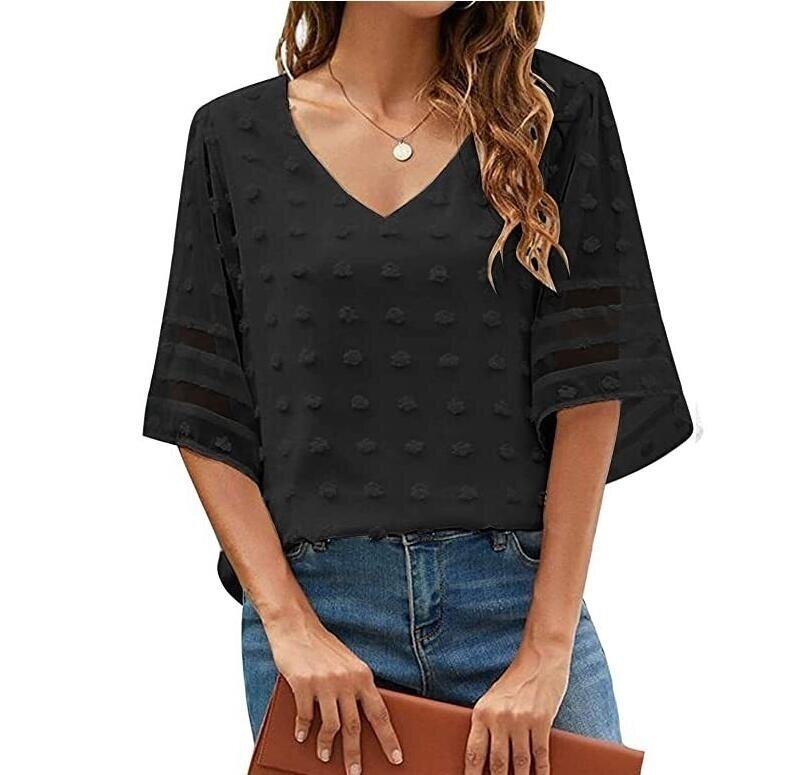 V Neck Chiffon Blouse Pom Pom Short Sleeve Shirt Tops