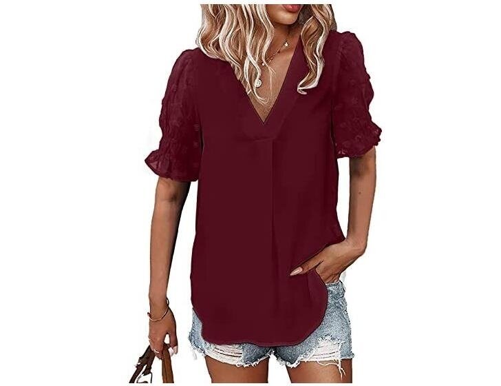 V-Neck Chiffon Shirt Panel Short Sleeve Blouses Top