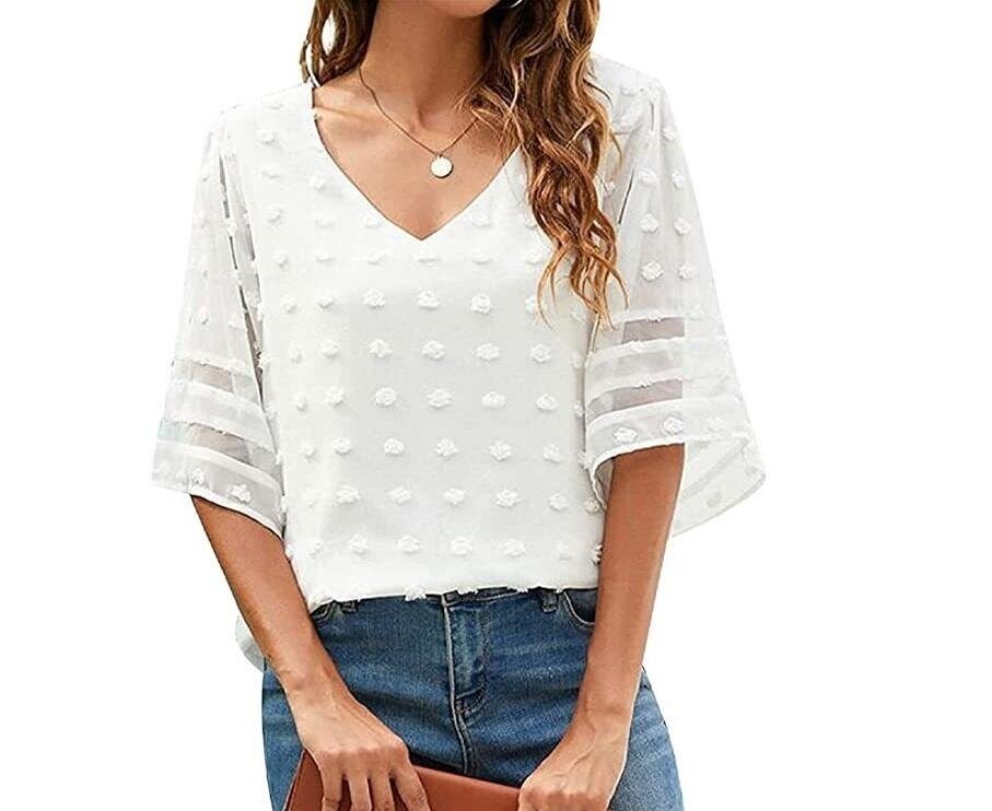 V Neck Chiffon Blouse Pom Pom Short Sleeve Shirt Tops