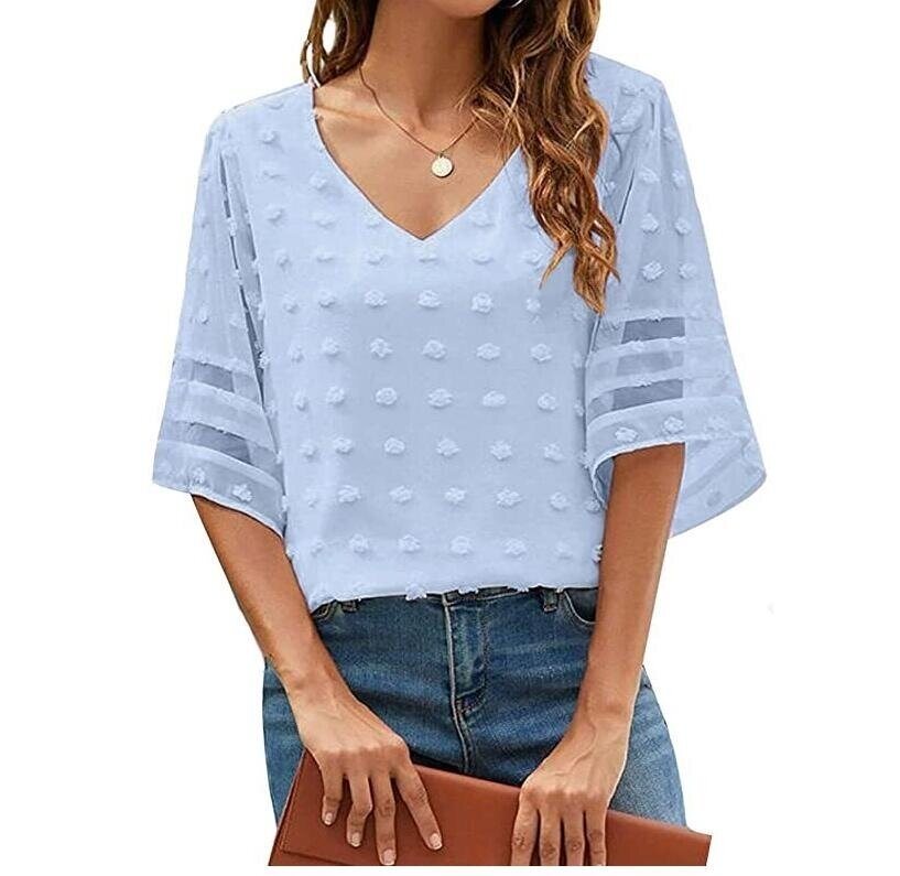 V Neck Chiffon Blouse Pom Pom Short Sleeve Shirt Tops