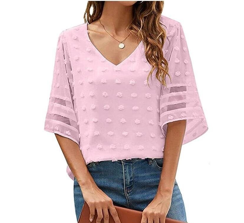 V Neck Chiffon Blouse Pom Pom Short Sleeve Shirt Tops