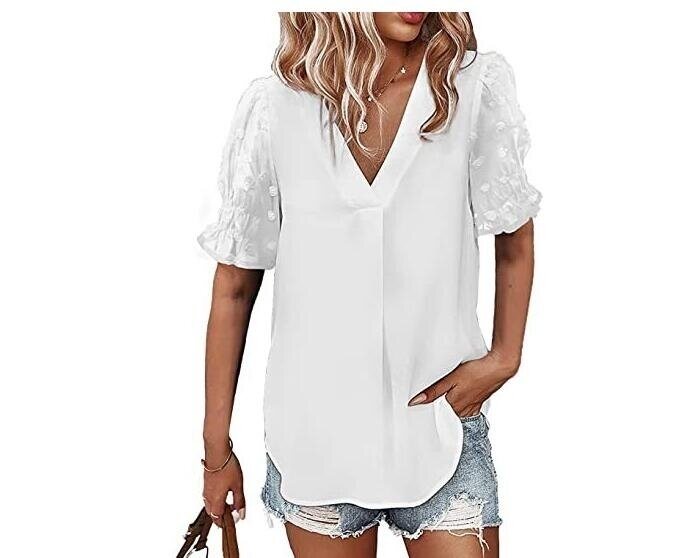 V-Neck Chiffon Shirt Panel Short Sleeve Blouses Top