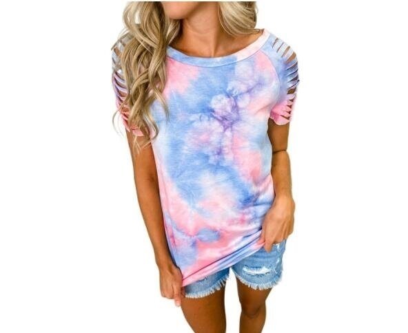 Tie-Dye Fringe Panel Short Sleeves T Shirt