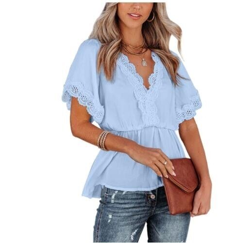 Short Sleeve V Neck Lace Crochet Blouse Shirt