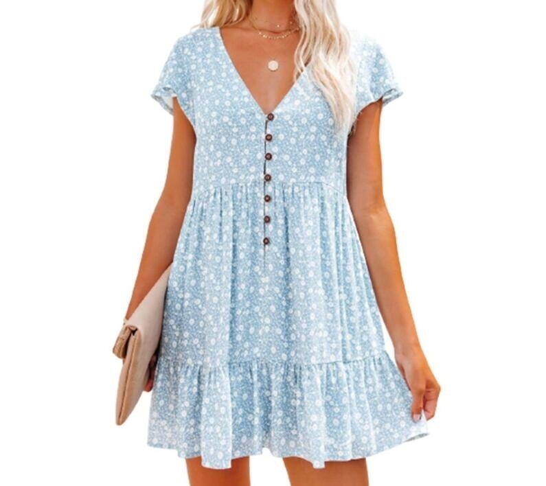 V-Neck Button Floral Short Sleeve Loose Dress