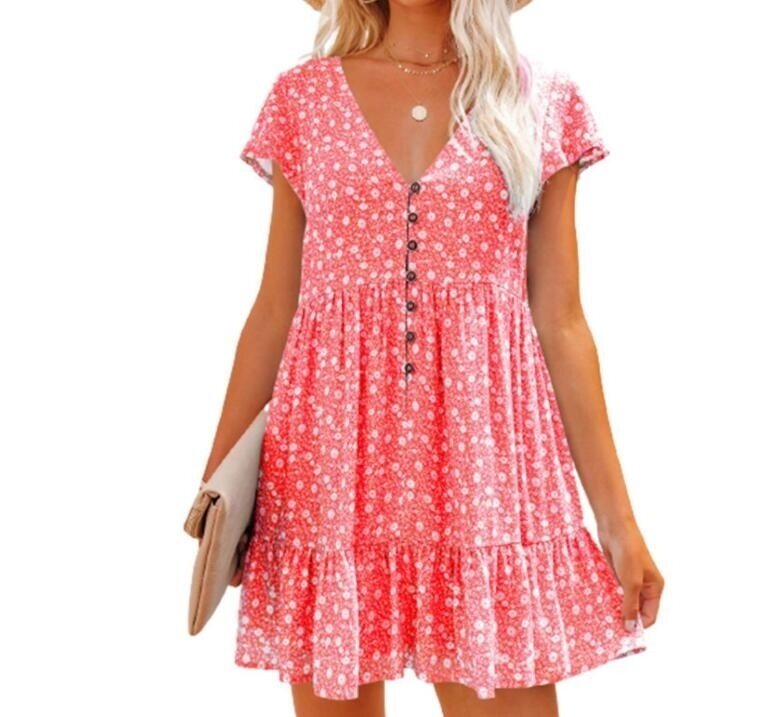 V-Neck Button Floral Short Sleeve Loose Dress