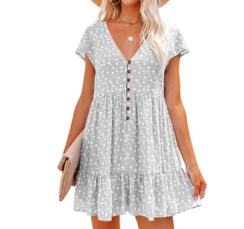 V-Neck Button Floral Short Sleeve Loose Dress