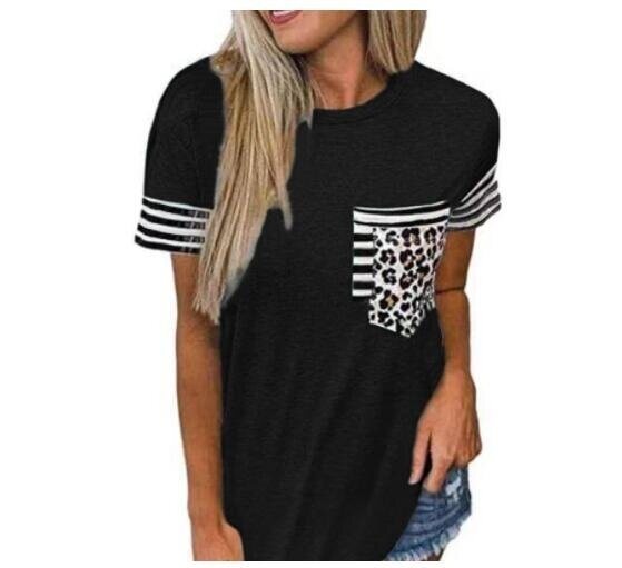 Crew Neck Striped Leopard Print Short Sleeve T-shirt