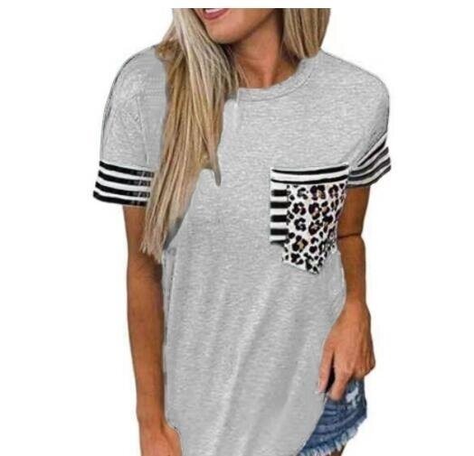 Crew Neck Striped Leopard Print Short Sleeve T-shirt