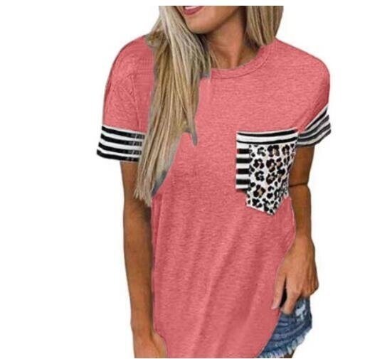 Crew Neck Striped Leopard Print Short Sleeve T-shirt