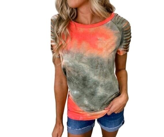 Tie-Dye Fringe Panel Short Sleeves T Shirt