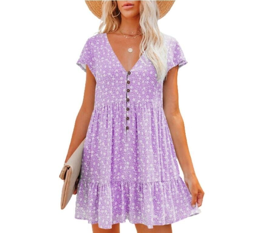 V-Neck Button Floral Short Sleeve Loose Dress