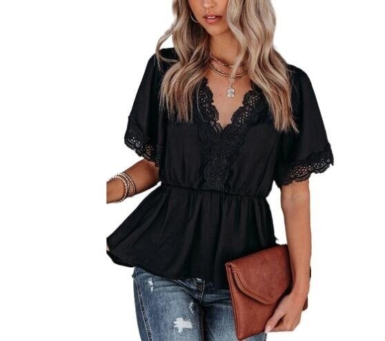 Short Sleeve V Neck Lace Crochet Blouse Shirt