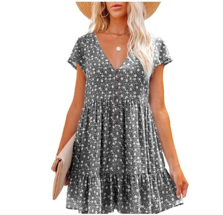 V-Neck Button Floral Short Sleeve Loose Dress