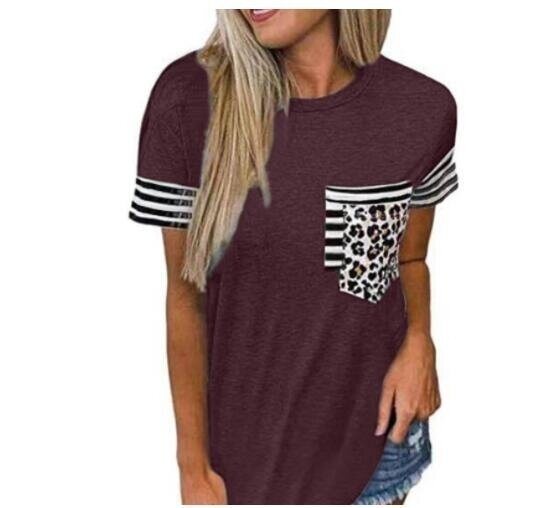 Crew Neck Striped Leopard Print Short Sleeve T-shirt