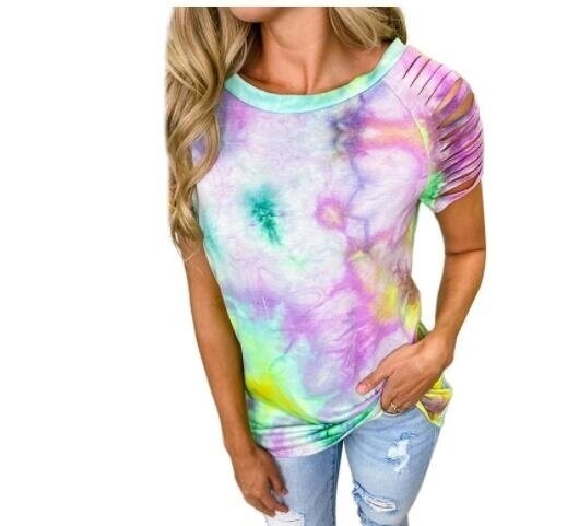 Tie-Dye Fringe Panel Short Sleeves T Shirt