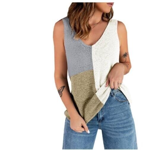 V Neck Knit Tank Tops Color Block Striped Sleeveless Shirts