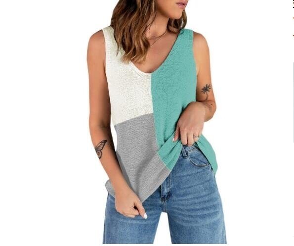 V Neck Knit Tank Tops Color Block Striped Sleeveless Shirts