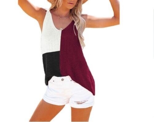 V Neck Knit Tank Tops Color Block Striped Sleeveless Shirts