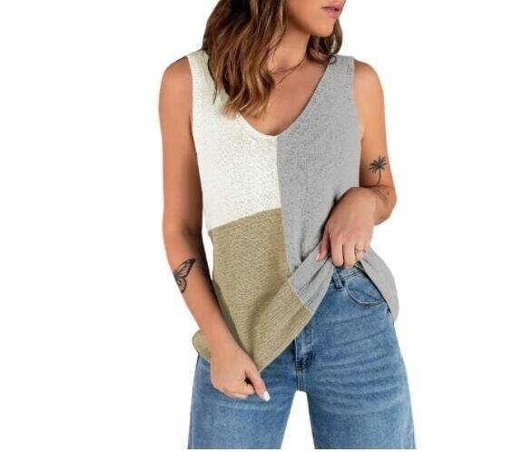 V Neck Knit Tank Tops Color Block Striped Sleeveless Shirts