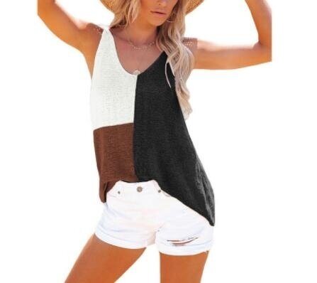 V Neck Knit Tank Tops Color Block Striped Sleeveless Shirts