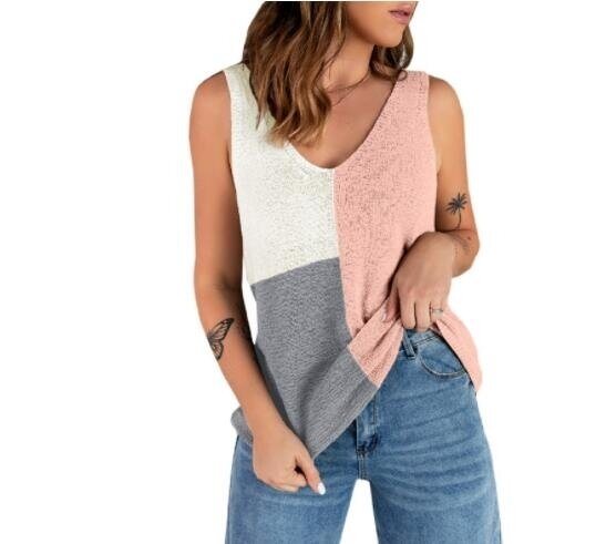 V Neck Knit Tank Tops Color Block Striped Sleeveless Shirts