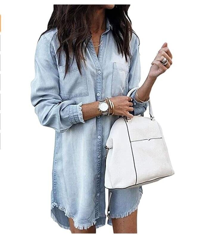 Denim Shirt Dresses Long Sleeve Dress Button Tunic