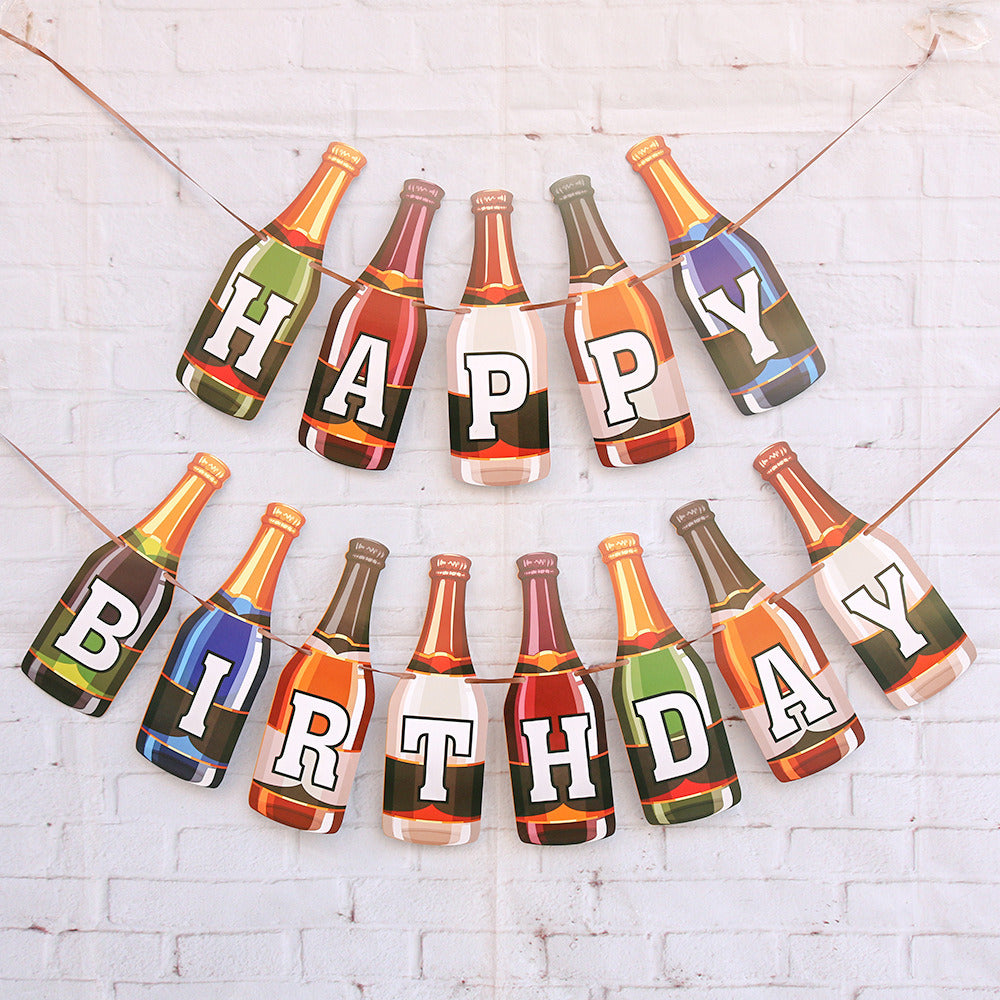 1 SET The wine bottle Happy Birthday Party Flags Party Decoration Birthday Banner Bunting