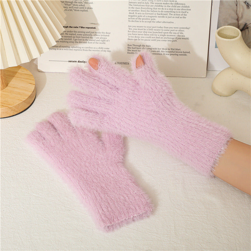 Imitation Of Mink Wool And Velvet Cold Thermal Gloves Simple Candy Color Students Five Finger Gloves Adult