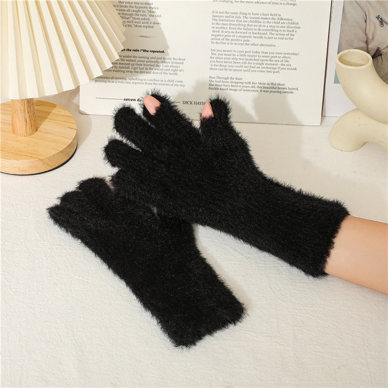 Imitation Of Mink Wool And Velvet Cold Thermal Gloves Simple Candy Color Students Five Finger Gloves Adult