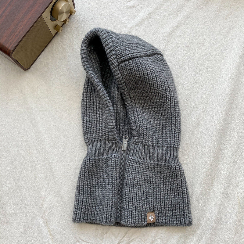 Autumn Winter Knit Hat Zipper Warm Neck Cover Head Wool Neck Hat