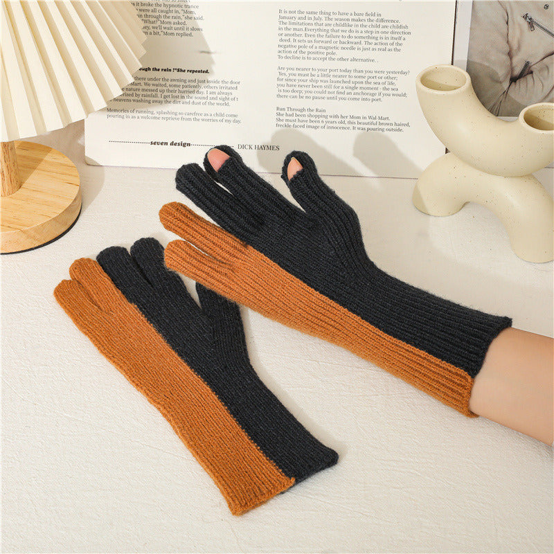 Lovely Autumn Winter Points To The Wind Wool Knitted Gloves Winter Women Cycling Warm Dew Two Fingers Men And Women'S Two-Color Gloves