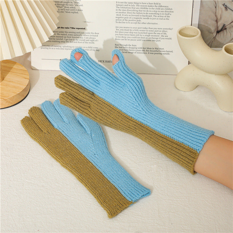 Lovely Autumn Winter Points To The Wind Wool Knitted Gloves Winter Women Cycling Warm Dew Two Fingers Men And Women'S Two-Color Gloves