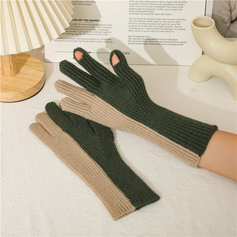 Lovely Autumn Winter Points To The Wind Wool Knitted Gloves Winter Women Cycling Warm Dew Two Fingers Men And Women'S Two-Color Gloves