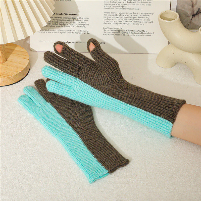 Lovely Autumn Winter Points To The Wind Wool Knitted Gloves Winter Women Cycling Warm Dew Two Fingers Men And Women'S Two-Color Gloves