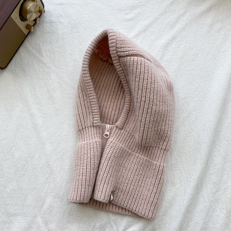 Autumn Winter Knit Hat Zipper Warm Neck Cover Head Wool Neck Hat