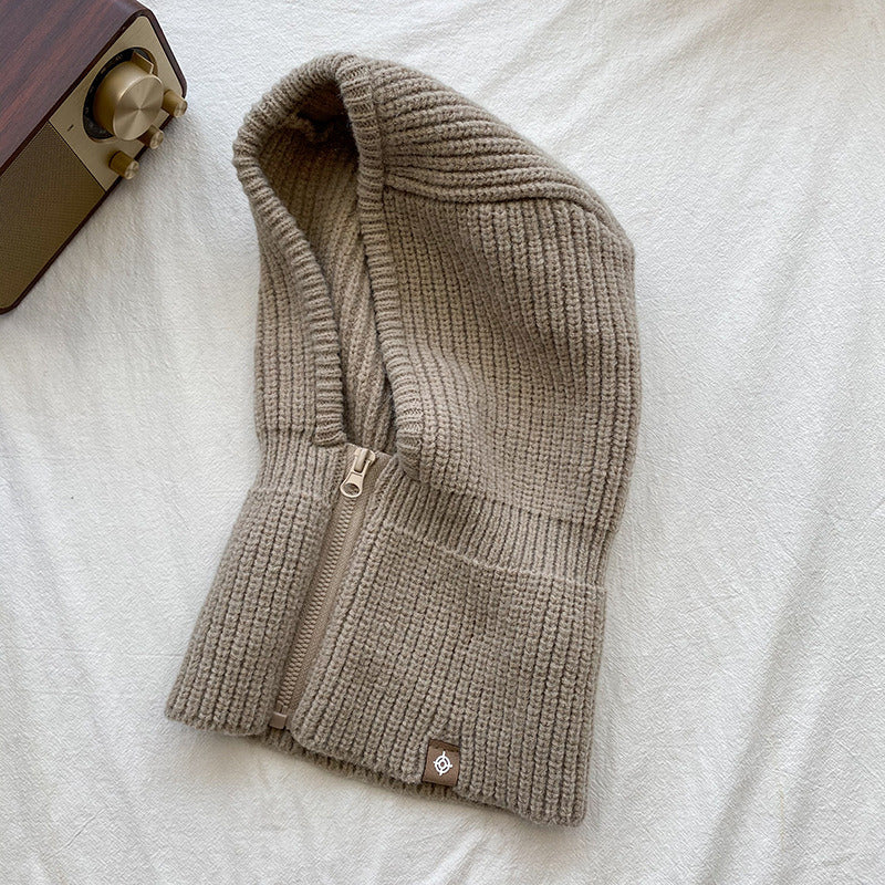 Autumn Winter Knit Hat Zipper Warm Neck Cover Head Wool Neck Hat