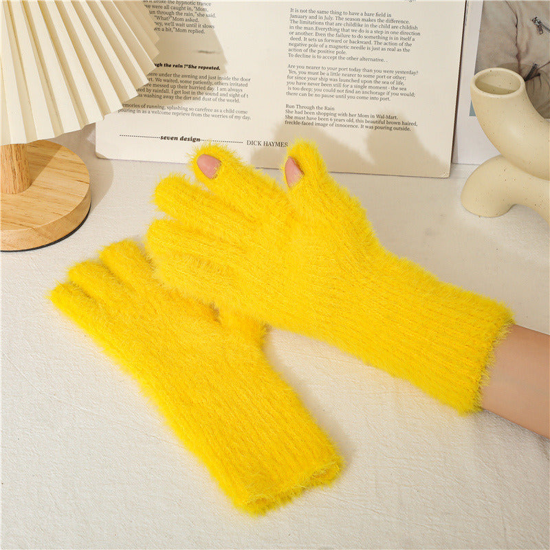 Imitation Of Mink Wool And Velvet Cold Thermal Gloves Simple Candy Color Students Five Finger Gloves Adult