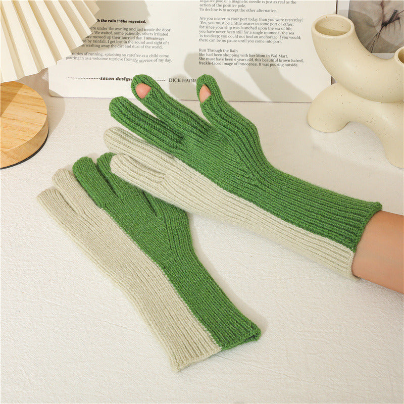 Lovely Autumn Winter Points To The Wind Wool Knitted Gloves Winter Women Cycling Warm Dew Two Fingers Men And Women'S Two-Color Gloves