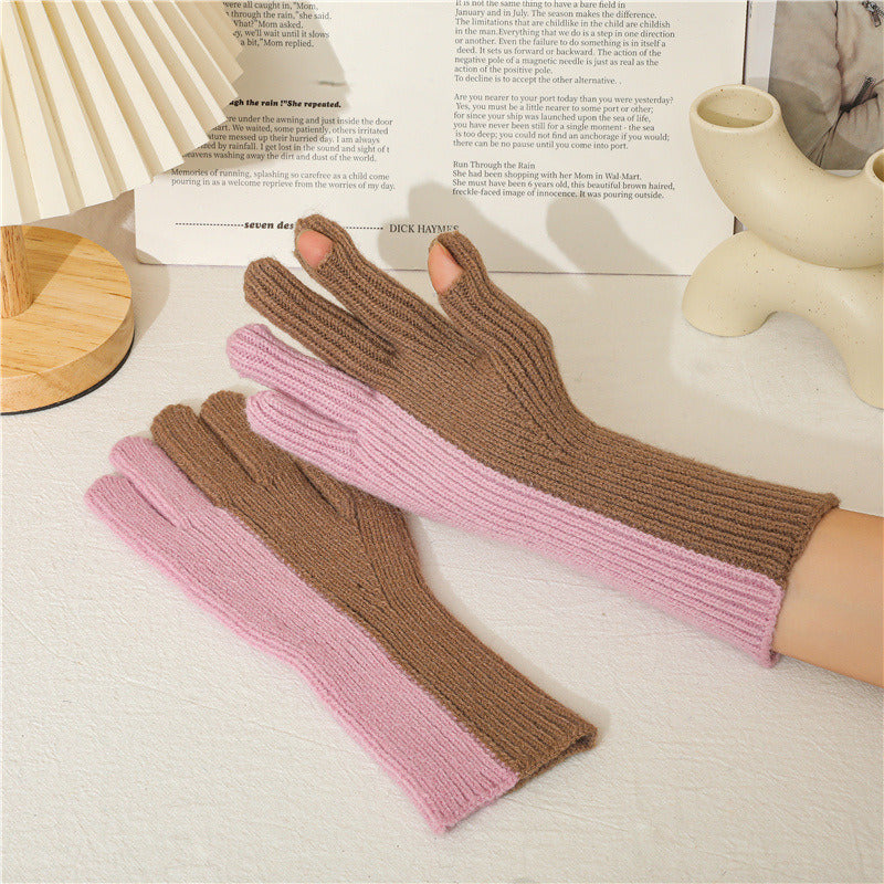 Lovely Autumn Winter Points To The Wind Wool Knitted Gloves Winter Women Cycling Warm Dew Two Fingers Men And Women'S Two-Color Gloves