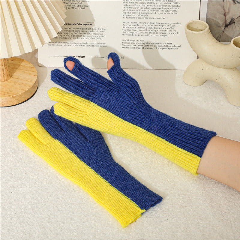 Lovely Autumn Winter Points To The Wind Wool Knitted Gloves Winter Women Cycling Warm Dew Two Fingers Men And Women'S Two-Color Gloves