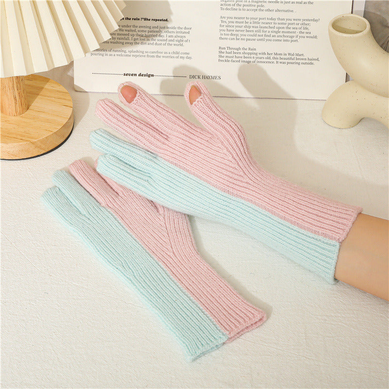 Lovely Autumn Winter Points To The Wind Wool Knitted Gloves Winter Women Cycling Warm Dew Two Fingers Men And Women'S Two-Color Gloves