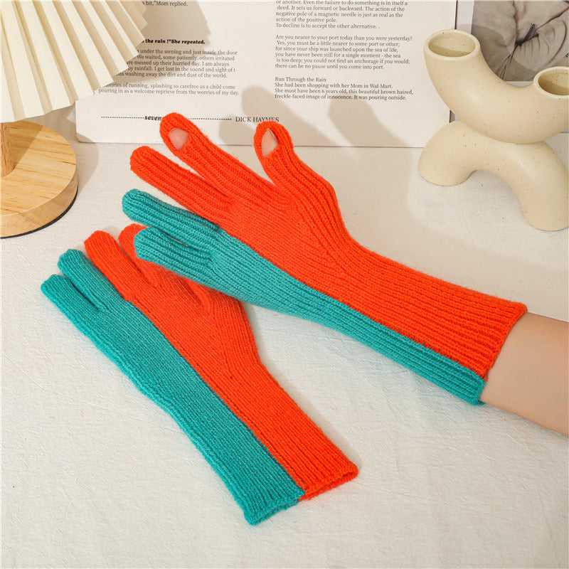 Lovely Autumn Winter Points To The Wind Wool Knitted Gloves Winter Women Cycling Warm Dew Two Fingers Men And Women'S Two-Color Gloves