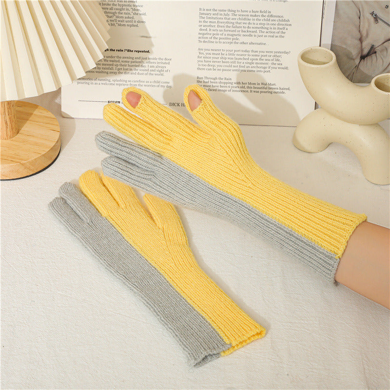 Lovely Autumn Winter Points To The Wind Wool Knitted Gloves Winter Women Cycling Warm Dew Two Fingers Men And Women'S Two-Color Gloves