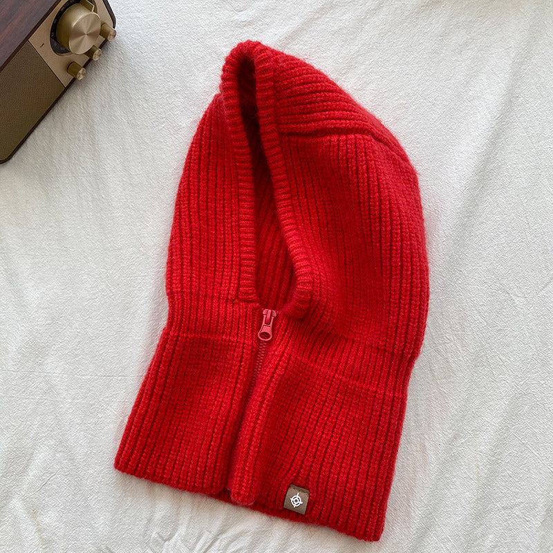 Autumn Winter Knit Hat Zipper Warm Neck Cover Head Wool Neck Hat